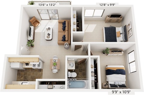 Floor plan for 2 beds, 1 bath, 751 sqft