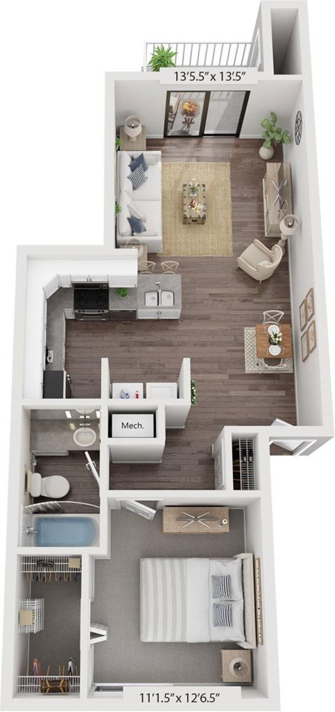 Floor plan for 1 bed, 1 bath, 743 sqft