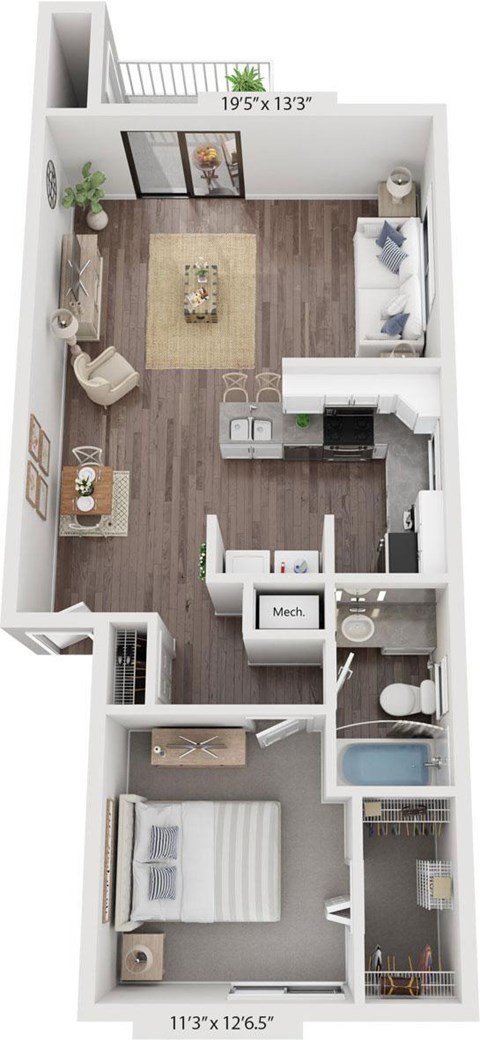 Floor plan for 1 bed, 1 bath, 848 sqft