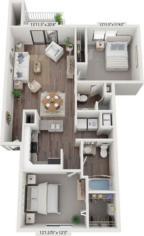 Floor plan for 2 beds, 2 baths, 998 sqft