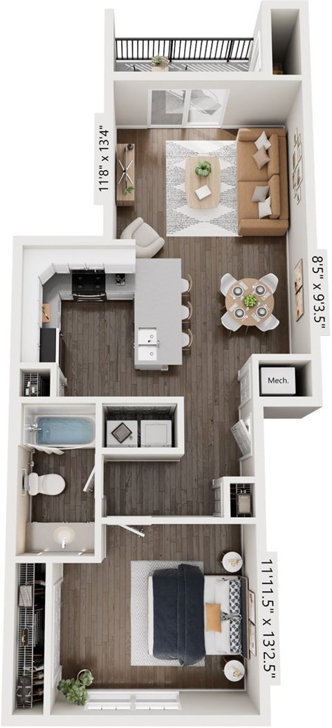 Floor plan for 1 bed, 1 bath, 928 sqft