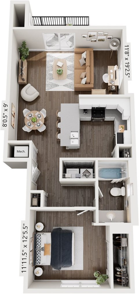 Floor plan for 1 bed, 1 bath, 837 sqft