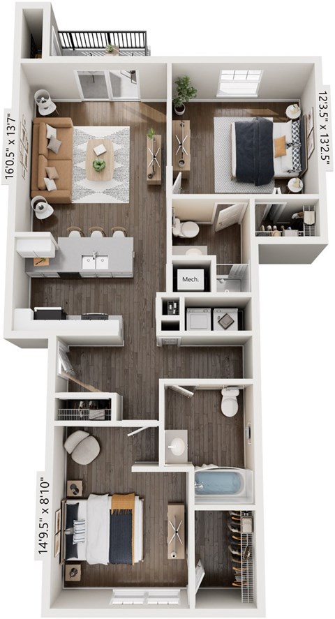 Floor plan for 2 beds, 2 baths, 1078 sqft
