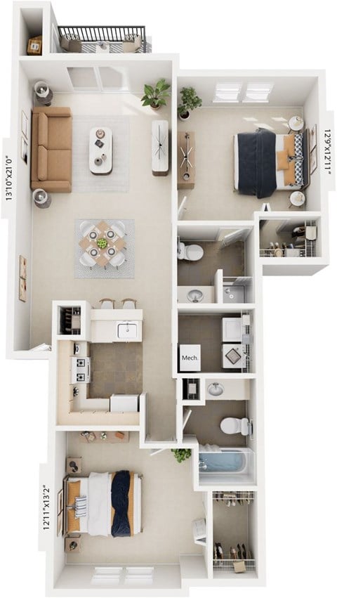 Floor plan for 2 beds, 2 baths, 1022 sqft