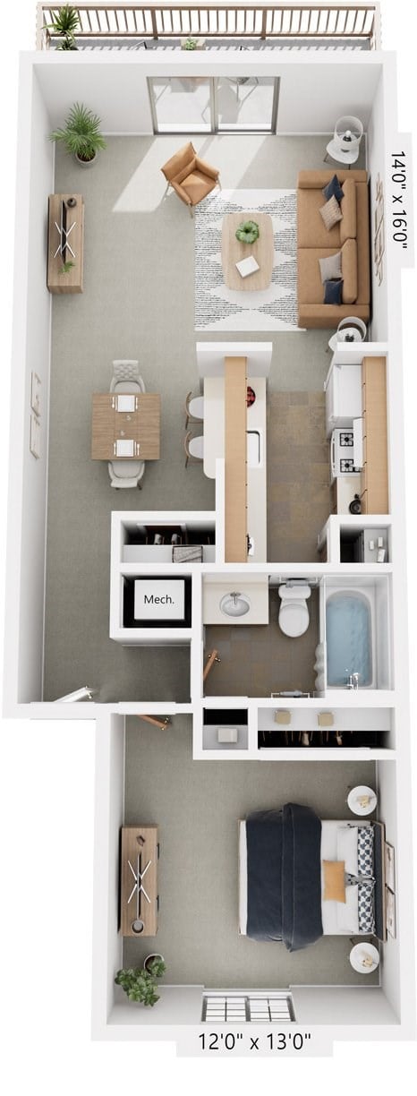 Floor plan for 1 bed, 1 bath, 710 sqft