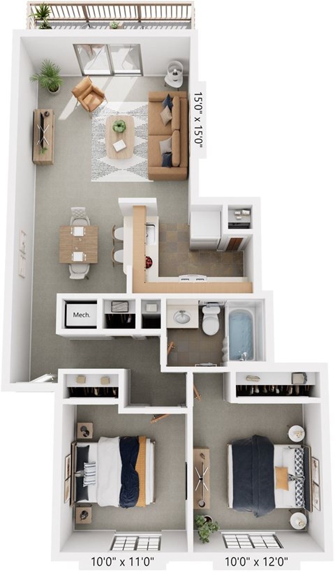 Floor plan for 2 beds, 1 bath, 838 sqft