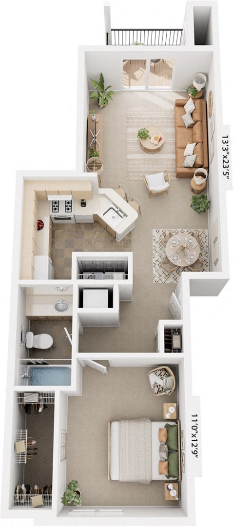 Floor plan for 1 bed, 1 bath, 723 sqft