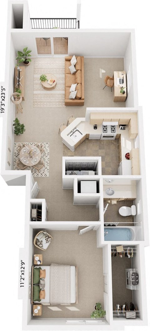 Floor plan for 1 bed, 1 bath, 842 sqft