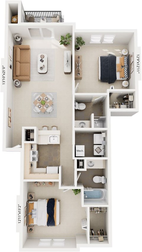 Floor plan for 2 beds, 2 baths, 1022 sqft