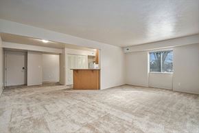 South Bend apartment for rent - A spacious room with a carpeted floor and a wooden cabinet in the middle.