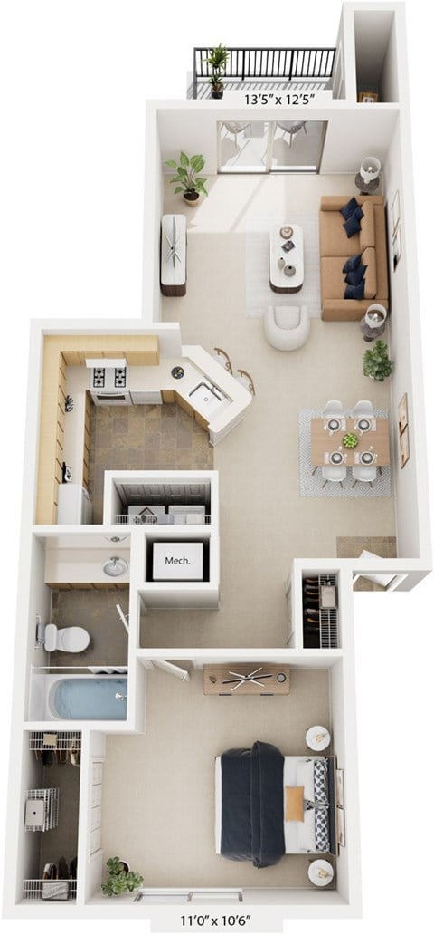 Floor plan for 1 bed, 1 bath, 727 sqft