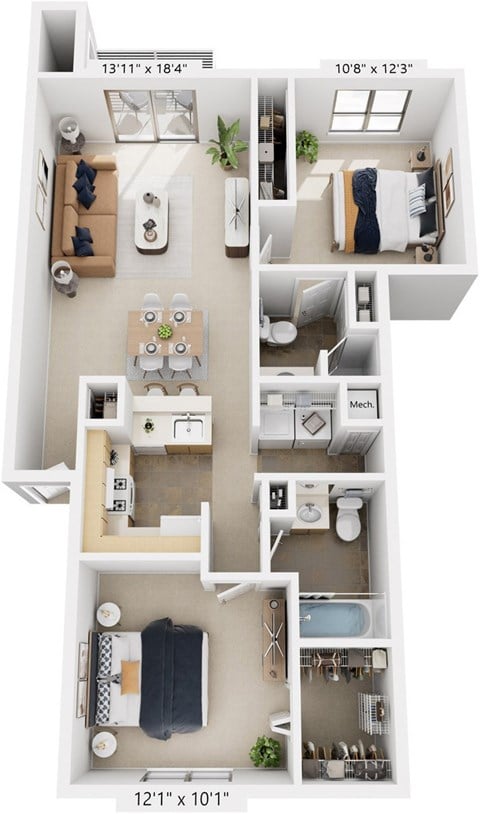 Floor plan for 2 beds, 2 baths, 963 sqft