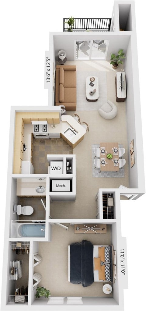 Floor plan for 1 bed, 1 bath, 712 sqft