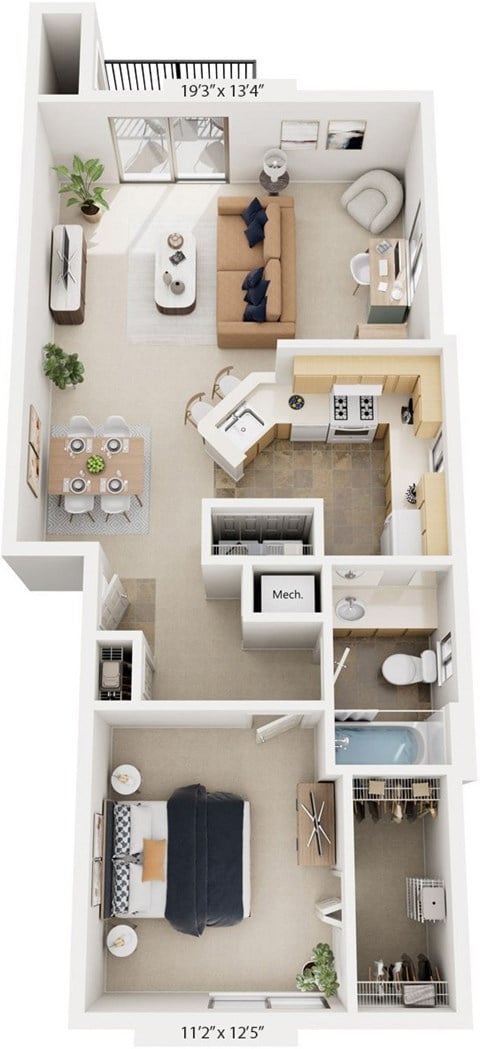 Floor plan for 1 bed, 1 bath, 830 sqft