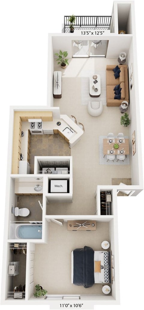 Floor plan for 1 bed, 1 bath, 759 sqft