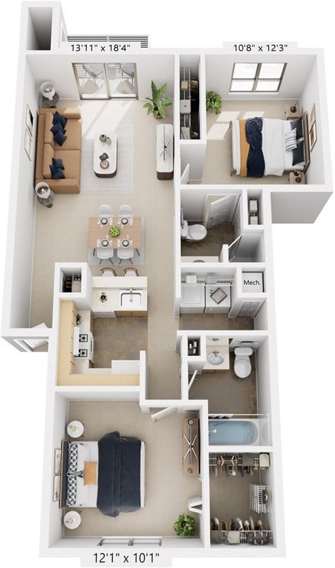 Floor plan for 2 beds, 2 baths, 991 sqft