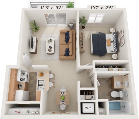 Floor plan for 1 bed, 1 bath, 626 sqft
