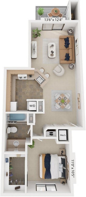 Floor plan for 1 bed, 1 bath, 734 sqft