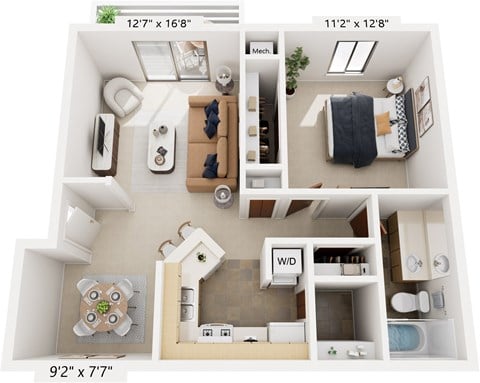Floor plan for 1 bed, 1 bath, 732 sqft