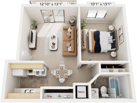 Floor plan for 1 bed, 1 bath, 560 sqft