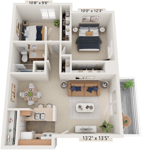 Floor plan for 2 beds, 1 bath, 817 sqft