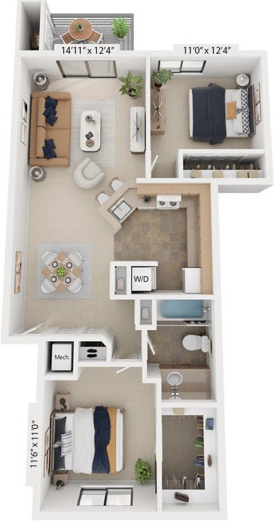 Floor plan for 2 beds, 1 bath, 919 sqft