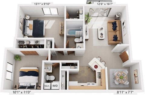 Floor plan for 2 beds, 1.5 baths, 935 sqft