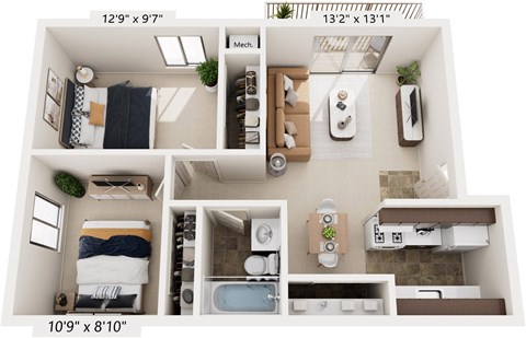Floor plan for 2 beds, 1 bath, 727 sqft