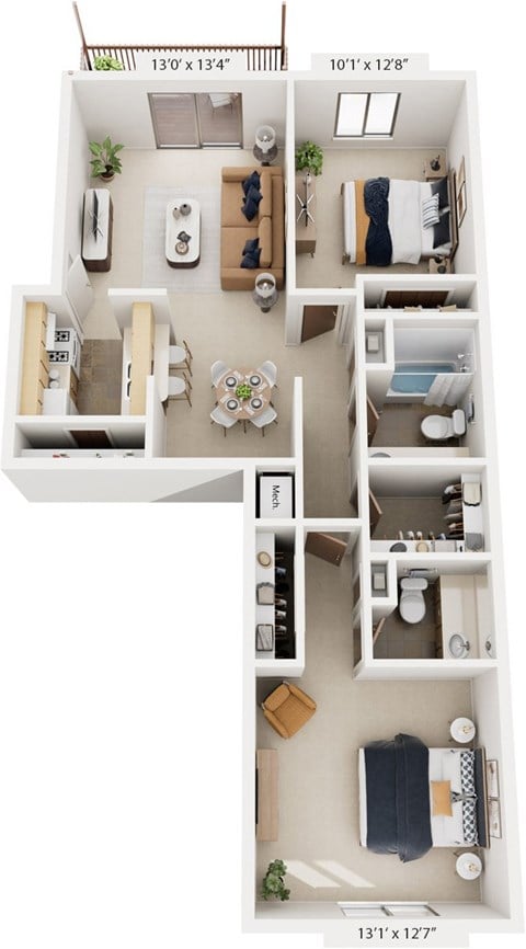 Floor plan for 2 beds, 1.5 baths, 919 sqft