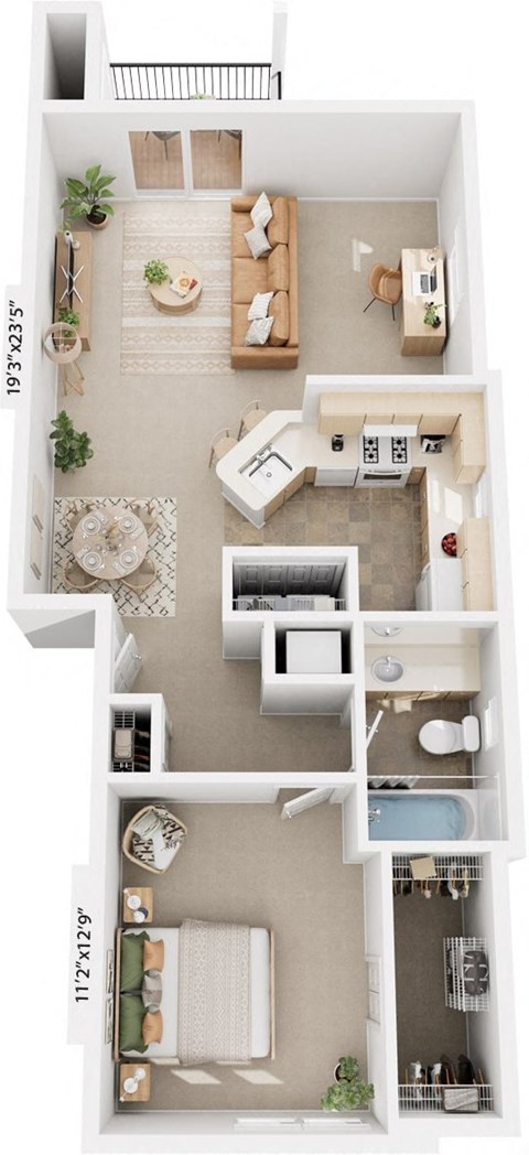 Floor plan for 1 bed, 1 bath, 820 sqft