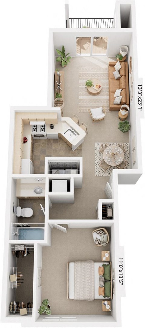 Floor plan for 1 bed, 1 bath, 799 sqft