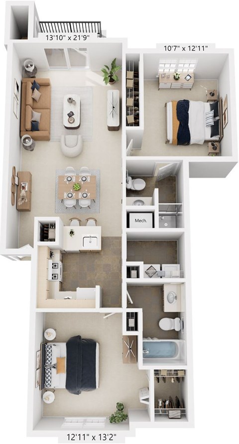 Floor plan for 2 beds, 2 baths, 1023 sqft