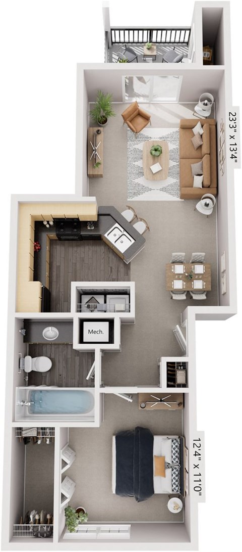 Floor plan for 1 bed, 1 bath, 860 sqft