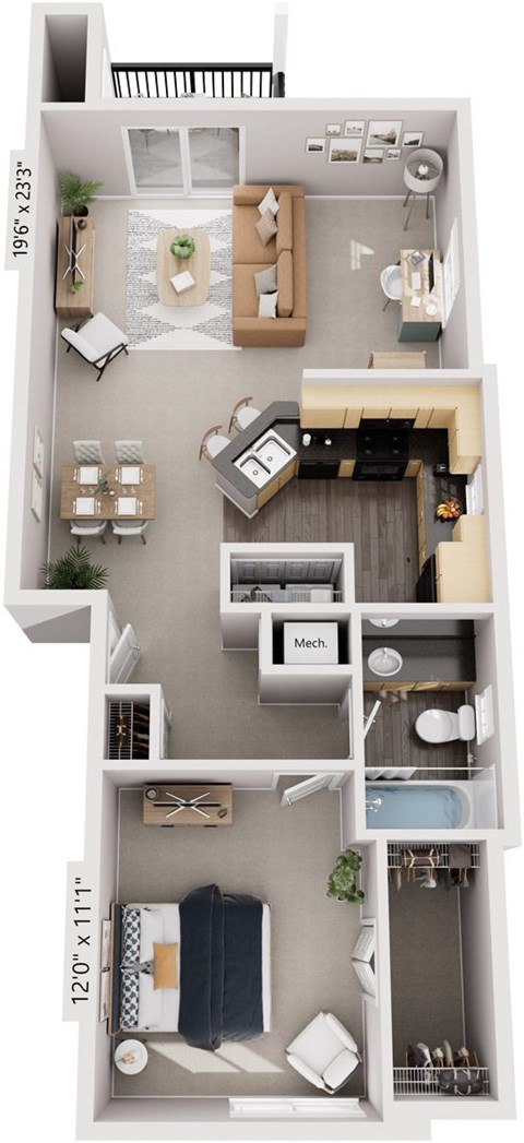 Floor plan for 1 bed, 1 bath, 810 sqft