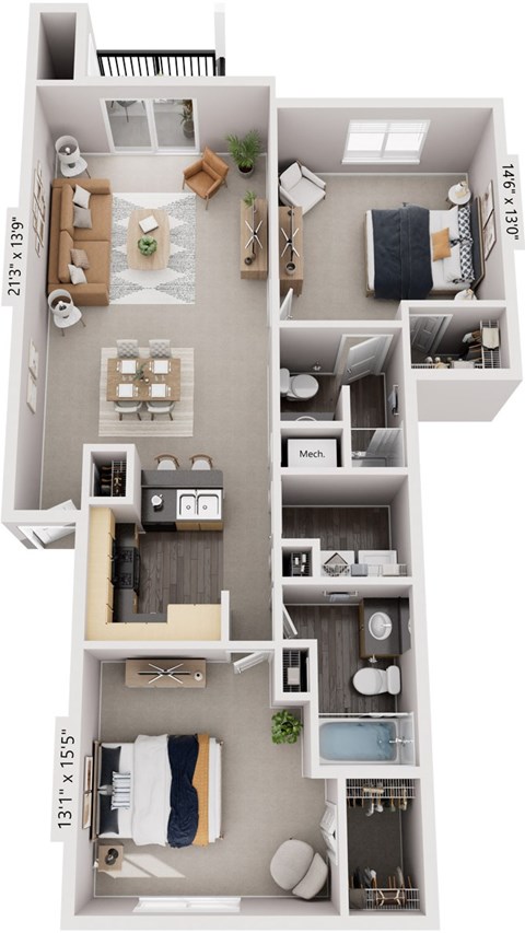 Floor plan for 2 beds, 2 baths, 1103 sqft