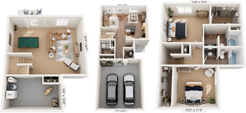 Floor plan for 2 beds, 2.5 baths, 2059 sqft