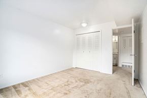 Kalamazoo apartment for rent - A bedroom with white walls and carpeted floor with a large closet at Madeira Apartments, Kalamazoo, MI