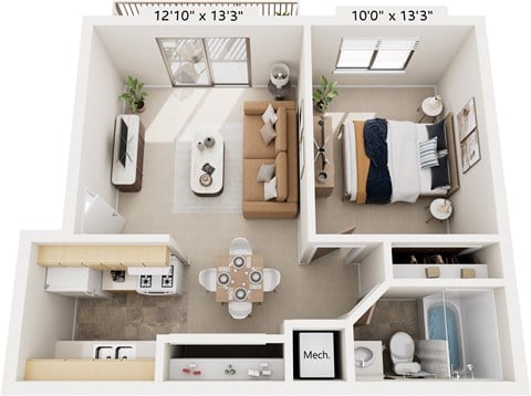 Floor plan for 1 bed, 1 bath, 563 sqft