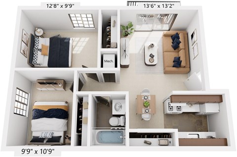Floor plan for 2 beds, 1 bath, 679 sqft