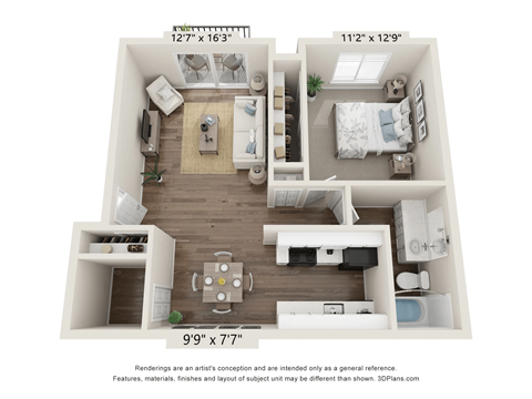 Floor plan for 1 bed, 1 bath, 703 sqft