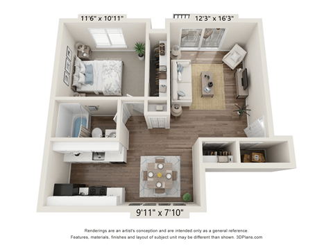 Floor plan for 1 bed, 1 bath, 606 sqft
