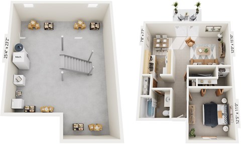 Floor plan for 1 bed, 1 bath, 724 sqft