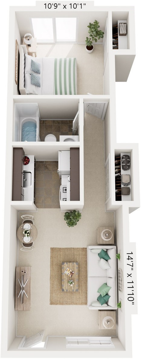 Floor plan for 1 bed, 1 bath, 464 sqft