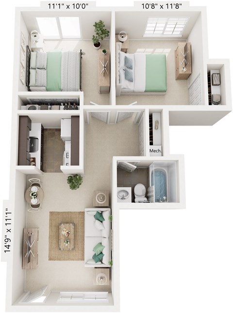 Floor plan for 2 beds, 1 bath, 624 sqft