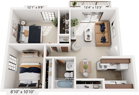 Floor plan for 2 beds, 1 bath, 699 sqft