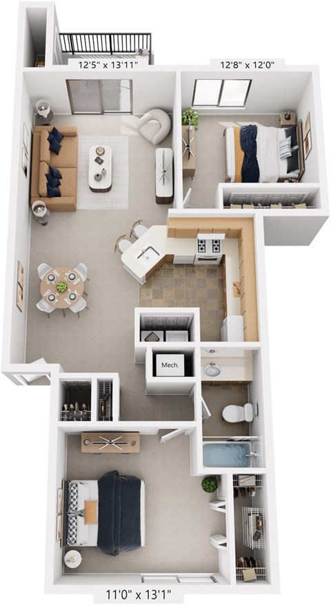 Floor plan for 2 beds, 1 bath, 919 sqft
