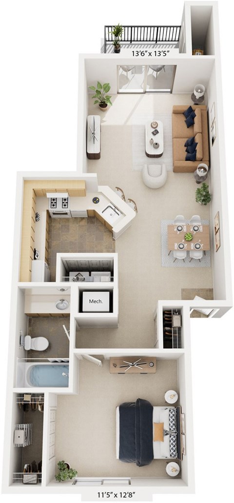 Floor plan for 1 bed, 1 bath, 774 sqft