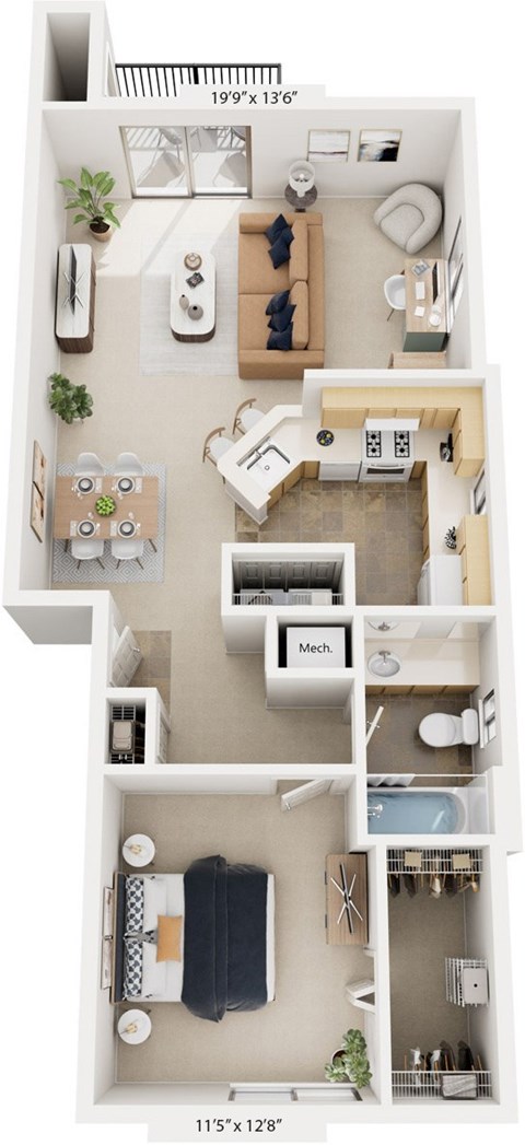 Floor plan for 1 bed, 1 bath, 848 sqft