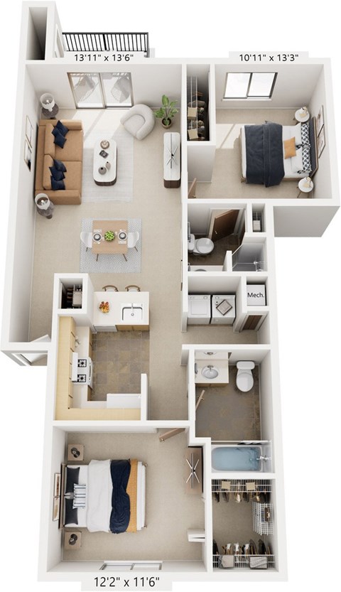 Floor plan for 2 beds, 2 baths, 998 sqft