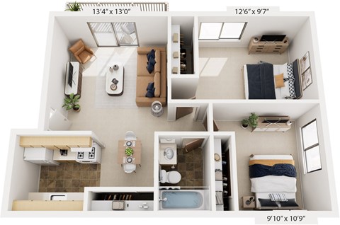 Floor plan for 2 beds, 1 bath, 699 sqft